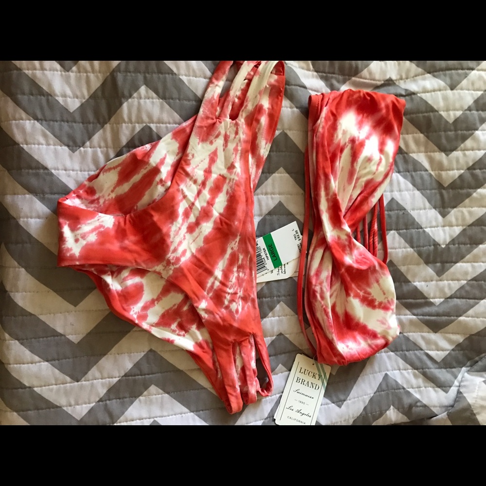 Lucky Brand Coral and White Tie-Dye Bikini Set